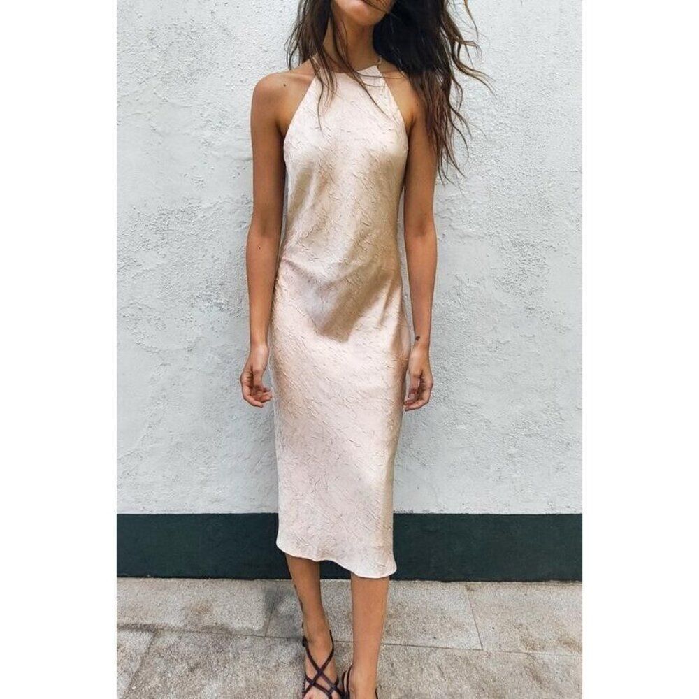Zara Womens Midi Dress Wrinkled Look Beaded Beige Pink S Small 1165/152 NWT